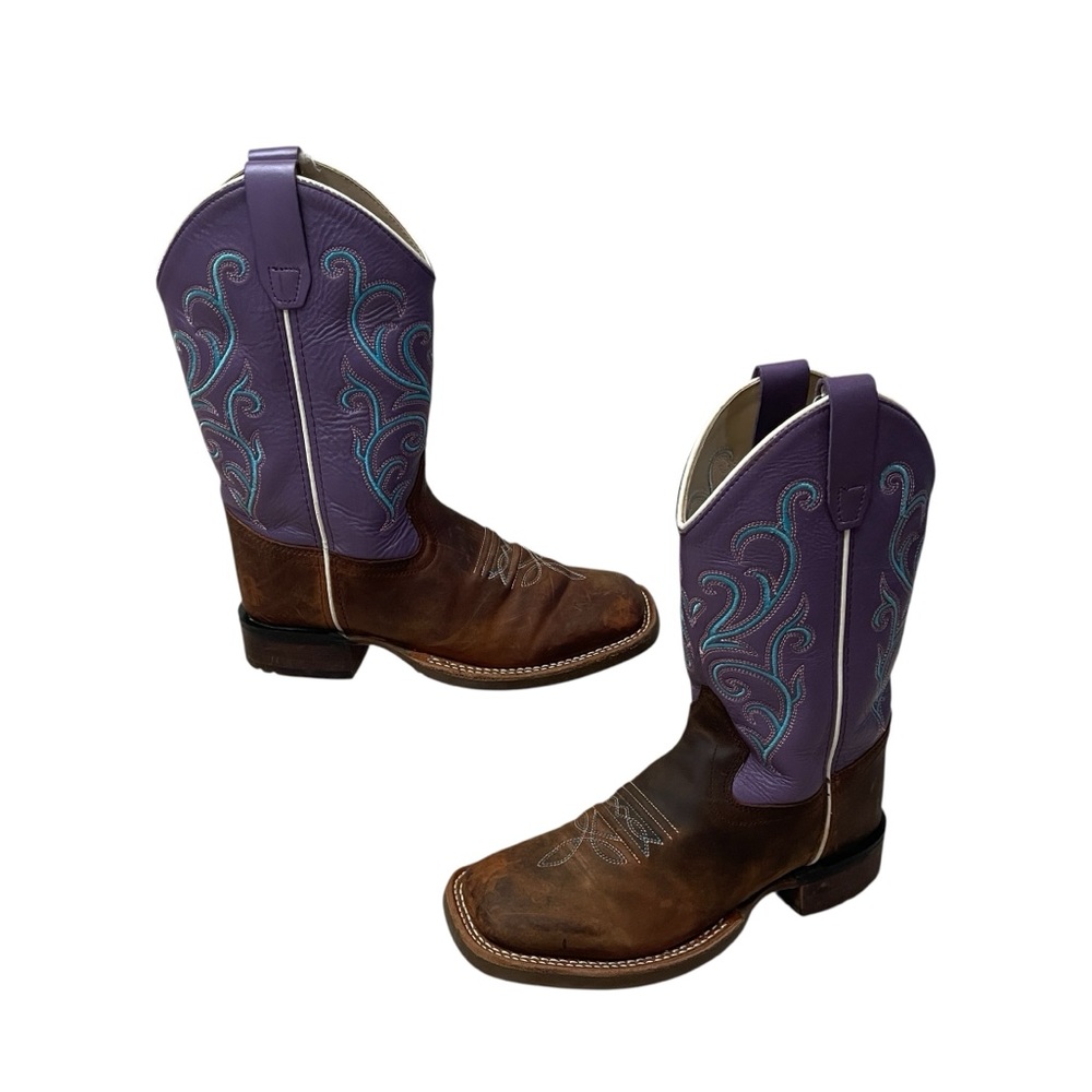 Old West Squared Toe Brown Purple Leather  Cowgirl Western Boots Girls Size 2
